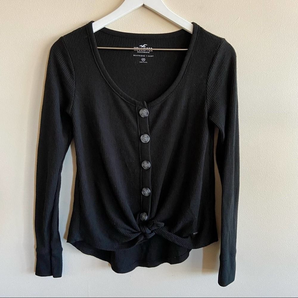 HOLLISTER Waffle Knit Black Tie Front Long Sleeve Boyfriend Shirt Size XS